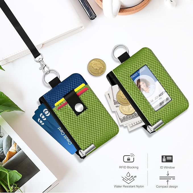 Minimalist RFID Blocking Small Wallet with ID Window,WaterResistant Zip Id Case Wallet with Lanyard Keychain for Cards,Cash,Travel,Women,Men (Olive Green/Electric Blue)