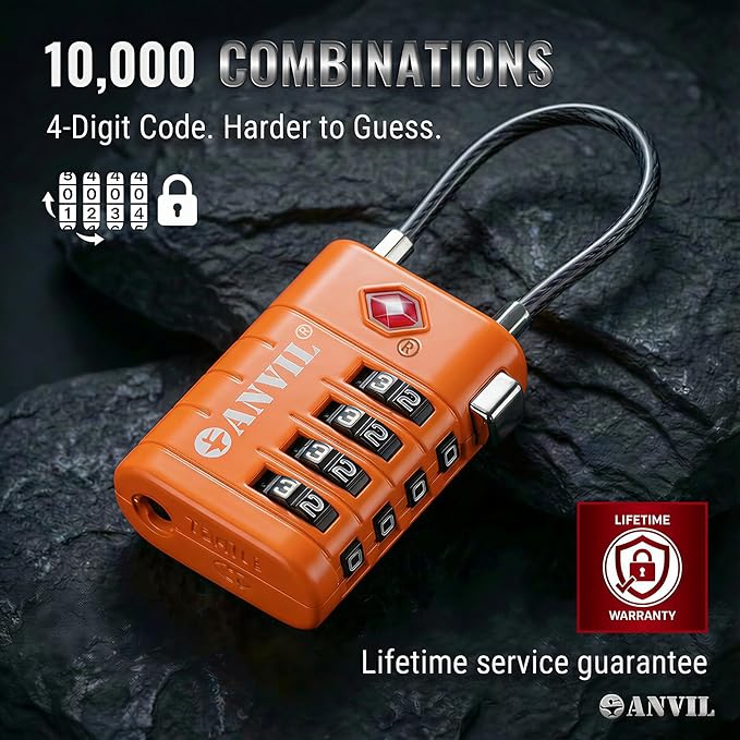 ANVIL TSA Approved Luggage Locks with Search Alert Indicator, 4-Digit Combination Suitcase Lock, Advanced TSA008 Core Heavy Duty Anti-Theft Travel Lock for Double Zippers, Backpacks (4, Orange)