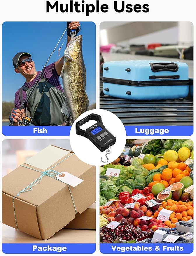 HEETA Fish Scale, 110lb/50kg Digital Portable Hanging Fishing Weight Scale with Backlit LCD Display, Luggage Scale with Hook, Non-Slip Large ABS Handle & 2 AAA Batteries, Fishing Gifts Gear for Men