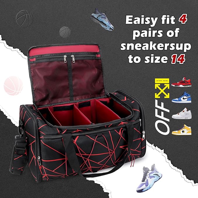 Scothen Sneaker Bag for Travel, Outdoor Sports Gym Bag Shoe Bags for 4 Pairs of Sneakers up to Size 14, Travel Duffel Bags with 3 Adjustable Dividers & Shoulder Strap, Sneakerhead Gift