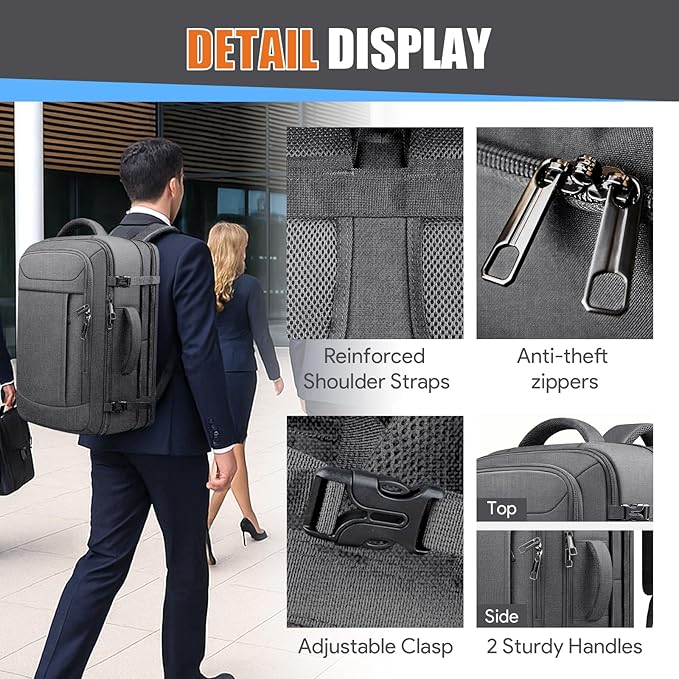 Extra Large Travel Backpack 40L-50L Expandable, Waterproof Wet Pocket Carry On Daypack, Anti-Theft TSA 18 Inch Laptop Bag for Men Women Flight Approved Weekender Duffel, Grey