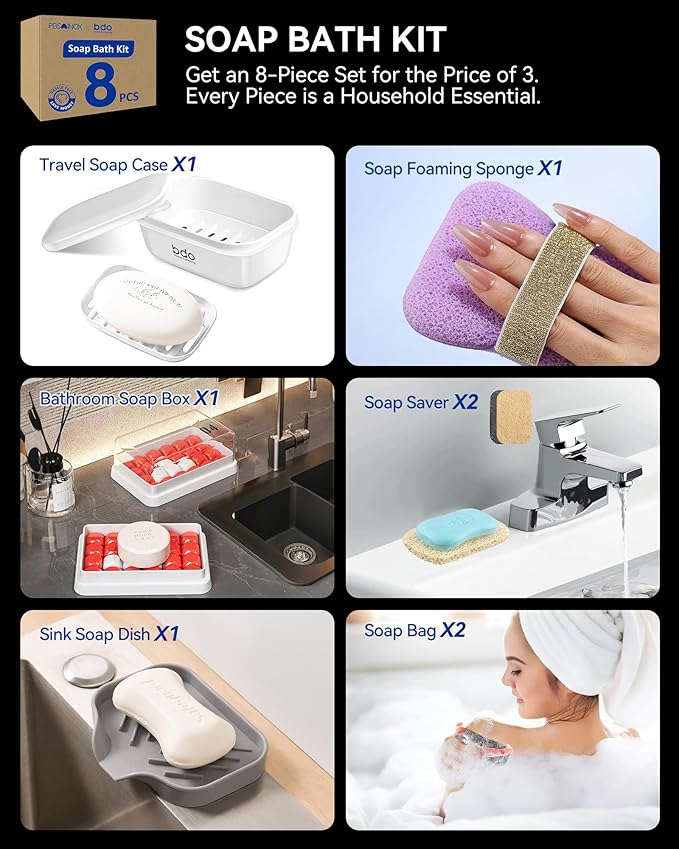 PEISAINOX 8-Piece Soap Bath Kit with Travel Soap Case Holder Dish Bag Saver, Lathering Pouch for Home, Travel, Camping, Gym, Hotel(White)
