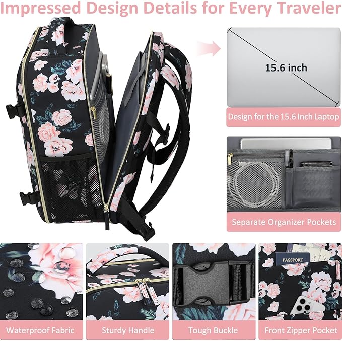 Tenot Carry on Backpack for Women TSA Approved 15.6 Inch Travel Laptop Backpack for Women Travel Essentials Foldable Womens Travel Backpack Suitcase Pink Floral