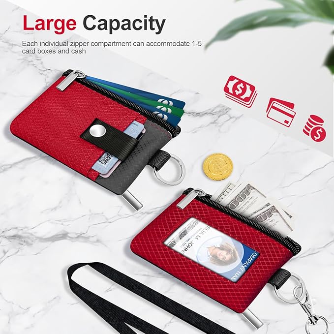 Minimalist RFID Blocking Small Wallet with ID Window,WaterResistant Zip Id Case Wallet with Lanyard Keychain for Cards,Cash,Travel,Women,Men (Red/Dark Grey)