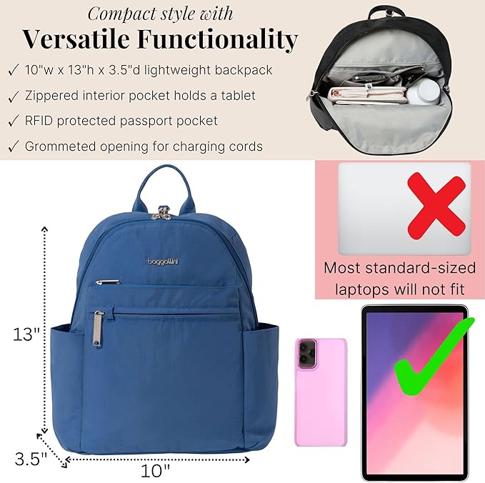 Baggallini Securtex® Anti-theft Vacation Travel Backpack 10x13 Slash-Resistant Nylon Daypack w/RFID