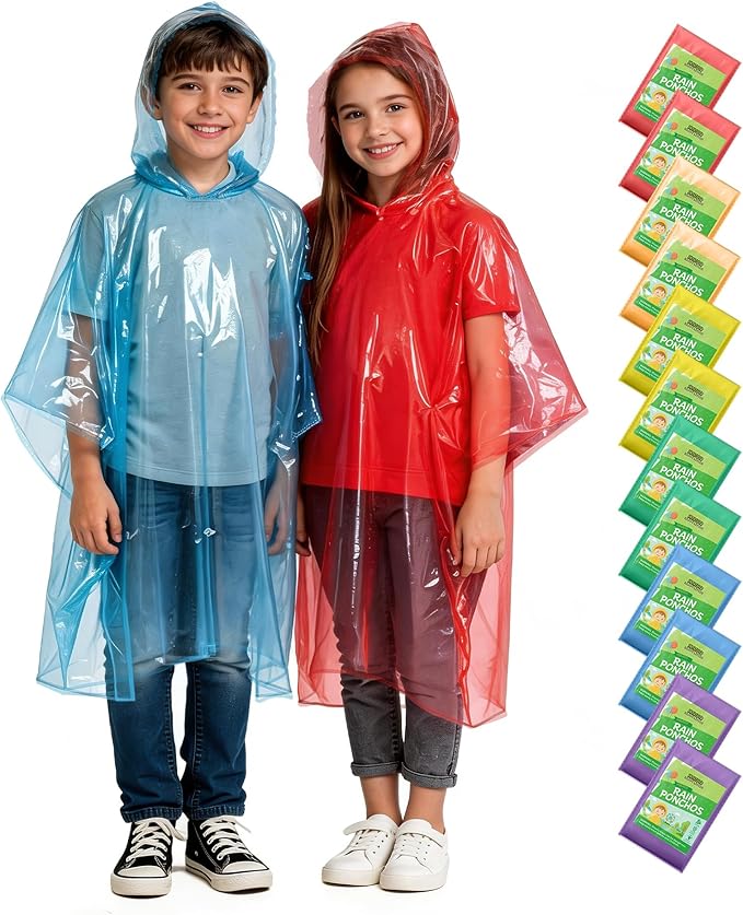 Hitituto Rain Ponchos Family Pack Kids– 6/12/24 Pack Disposable Poncho with Hood, Clear & Assorted Colors, Home Survival Kits