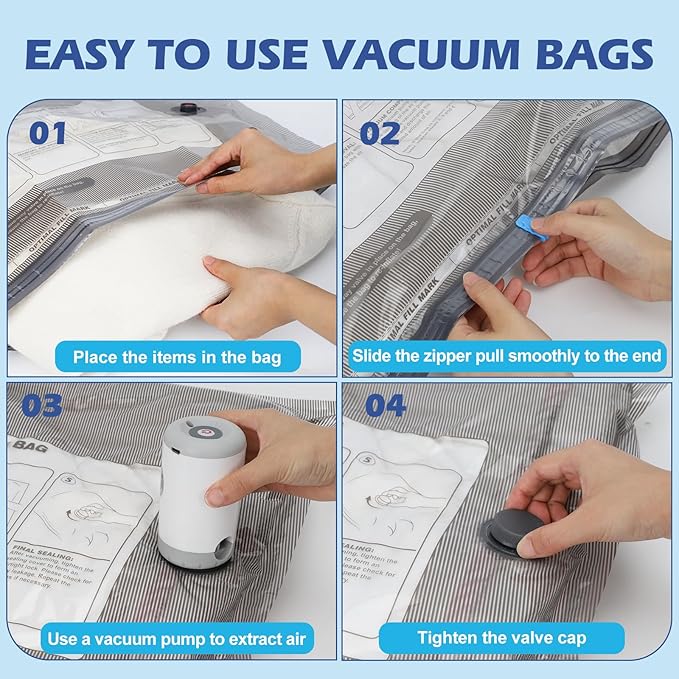 Fantictas Travel Vacuum Storage Bags with Rechargeable Air Pump, 12 Pack Portable Space Saver Compression Bags for Clothing, Bedding, Seasonal Storage & Packing