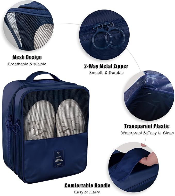 Travel Shoe Bags 2 Pcs of Shoe Organizers Set for Suitcase Hold 3 Pair of Shoes Waterproof Shoe Packing Cubes for Travel and Daily Use Storage Pouch with Handle (Navy blue+Beige)