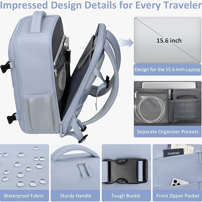 Tenot Carry on Backpack for Women TSA Approved 15.6 Inch Travel Laptop Backpack for Women Travel Essentials Foldable Womens Travel Backpack Suitcase Blue