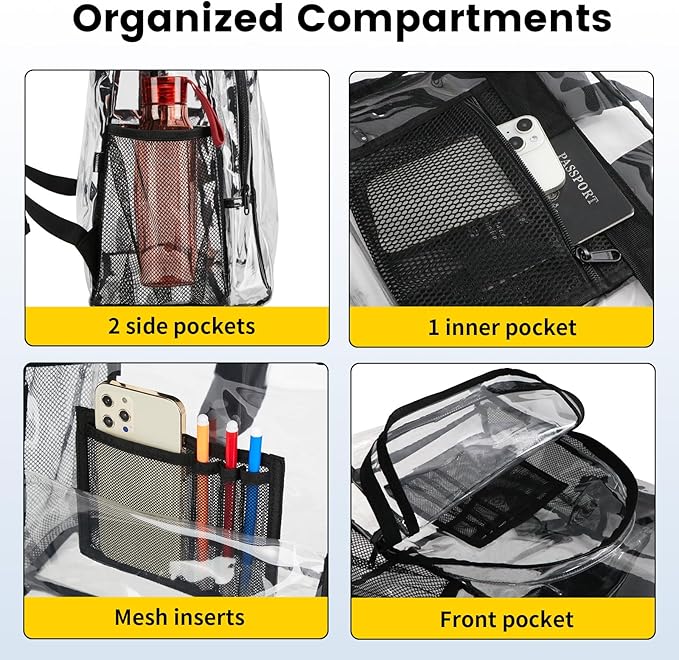 Vorspack Clear Backpack Heavy Duty PVC Transparent Backpack Extra Large Clear Backpacks with Reinforced Strap for College Workplace Security - Black