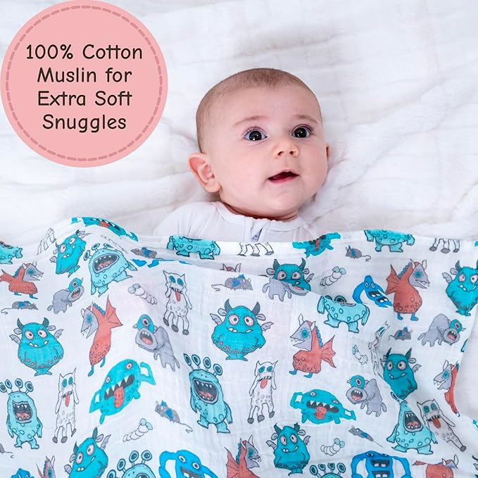 LollyBanks Muslin Swaddle Blankets, 100% Cotton Soft and Breathable Baby Blanket for Boys, 47 x 47 Inches Receiving Blankets, Lightweight Newborn Swaddles, Nursery Must Haves (Monsters Print)