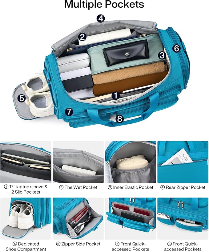 MILADA Carry On Luggage Bags for Travel Lightweight Personal Item Travel Bag Foldable Large Duffle Bag for Travel Tote Overnight Bags for Women Mens Weekender Bags, Caribbean Blue