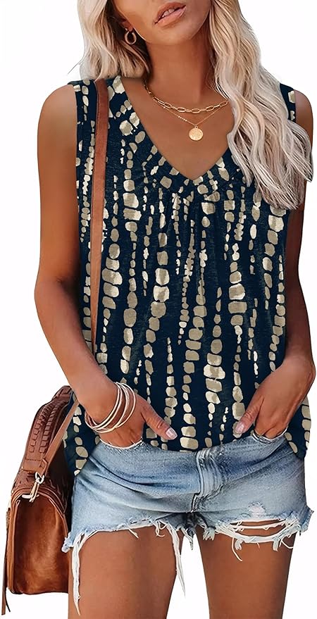 OFEEFAN Tank Top for Women Loose Fit Sleeveless Shirts V Neck Summer Clothes Ruched Women's Tees and Tanks Curved Hem