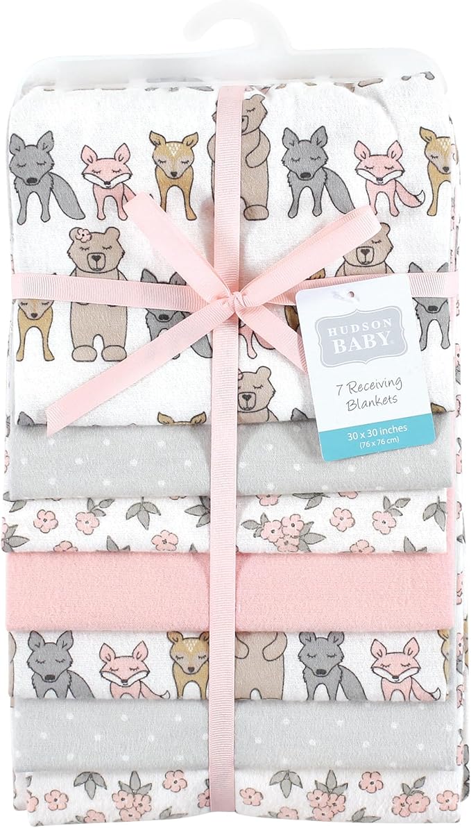 Hudson Baby Unisex Baby Cotton Flannel Receiving Blankets Bundle, Wild Forest Pink, One Size