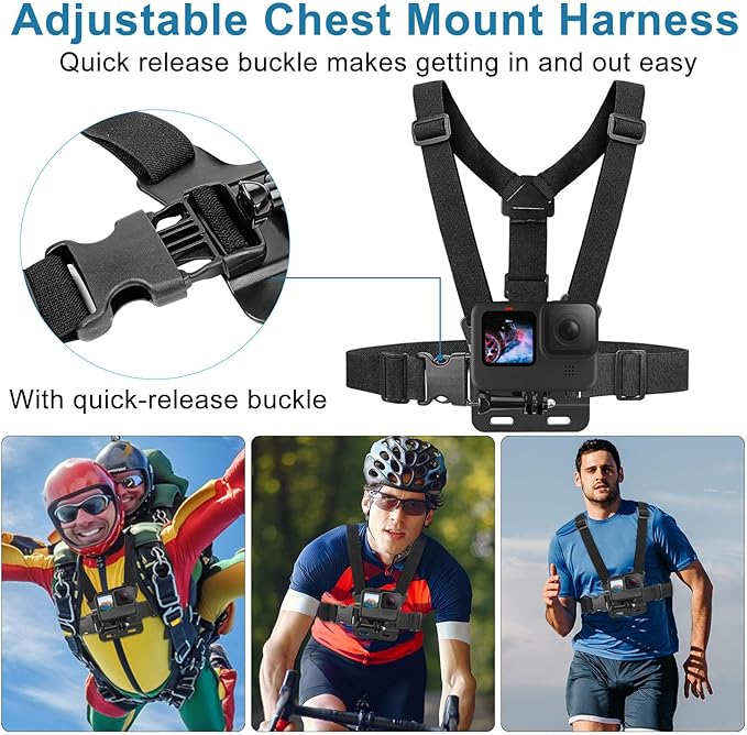 Chest Mount Harness, 4 in 1 Accessories Kit Compatible for Gopro Hero 13/12/11/10/9/8/7/6/5/4/3,Head Strap Mount,360°Rotation Wrist Strap Mount,Backpack Clip Holder,Adjustable Action Camera Mount Set