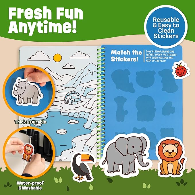 Reusable Sticker Book - Animals - 50 Jelly Stickers for Toddlers & Kids 3-5: Fun Toddler Travel Toys, Airplane & Car Activities for Kids - Sticker Books for Toddlers 3 Years Old, Toy Gifts for 1-3 2-4