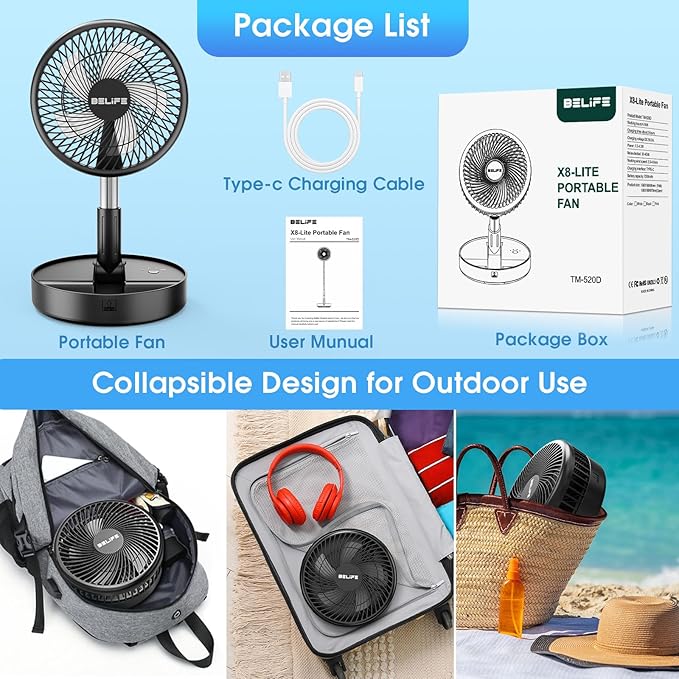 Belife X8-Lite Portable Fan, 7200mAh Battery Powered Rechargeable,USB Desk Floor Fan with Remote, Foldable Telescopic Fan for Home Bedroom Sleeping Office Camping Travel, 7.7" (Non-Oscillating, Black)
