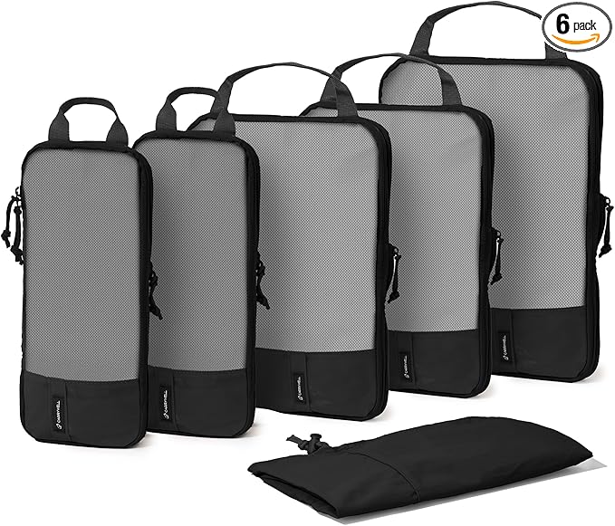 (Not Made In China) Compression Packing Cubes For Travel, Suitcase and Luggage Space Saver Organizer Bags, Lightweight, Waterproof, Durable, 6pc Set, Black