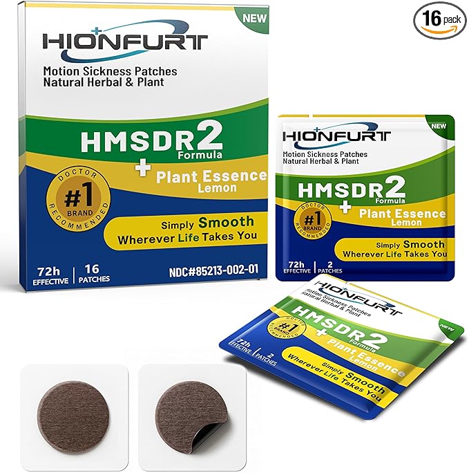 Hionfurt HMSDR2 16ct Motion Sickness Patches with Plant Essence – Lemon – Sea Sickness Patches for Cruise, Car, Airplane – Non-Drowsy, 72H Lasting