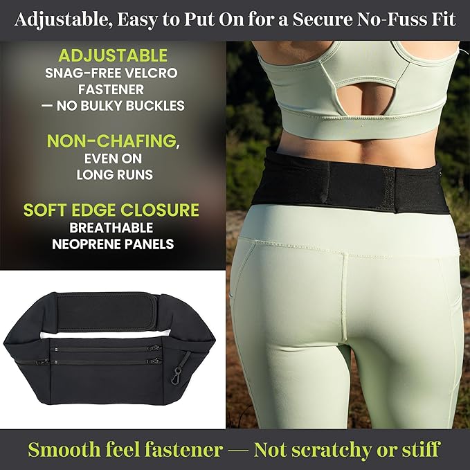 StashBandz Adjustable Running Belt - 3 Zippered Pockets + Water Bottle Holder, No-Bounce Travel Money Belt, Sports Fanny Pack, Waist Pack with Key Clip, Fits Any Size Phone, Passport & More