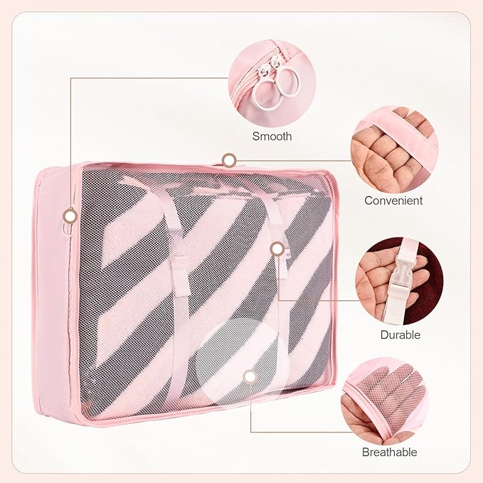 8 Set Compression Packing Cubes for Travel Essentials,Suitcase Organizer Bags, Carry-On Luggage Accessories with Laundry & Toiletry Bag, Road Trip & Camp Gifts for Men and women（pink）