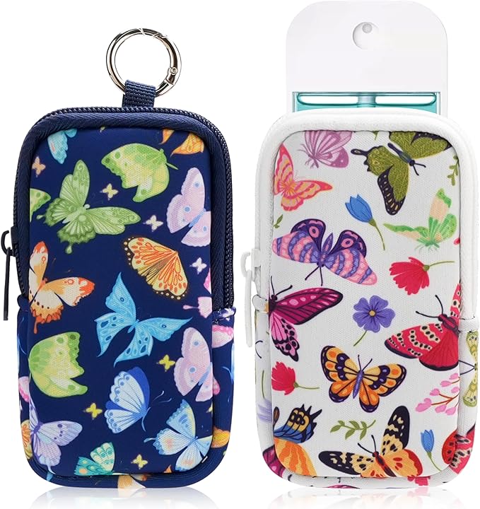KJQJLY 2 Pack Hand Sanitizer Holder Pouch, Zippered Portable Sanitizer Case with Cute Pattern, Keychain D-Ring for Purse, Backpack & Travel