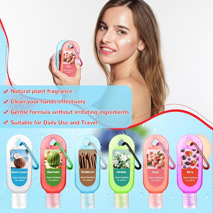 6 Pcs Hand Sanitizer Travel Size with Keychain 2 Fl oz Gel Mixed Scent Mini Pocket Hand Sanitizer Bulk for Backpack Travel Office Friend Coworker Employee Nurse Week Teacher Appreciation Gifts