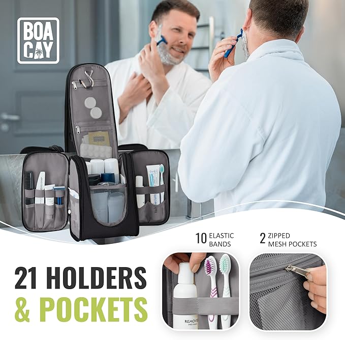 BOACAY Hanging Travel Toiletry Bag for Women and Men, Makeup Bag, Bathroom & Shower Organizer Kit for Accessories, Cosmetics, Travel Essentials