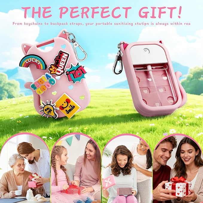 Cat Silicone Case with Keychain & 6 Accessories, Compatible with Touchland Hand Sanitizer Spray Power Mist 1 FL OZ/30ML, Featuring Croc-Style Decorative Holes (Pink)