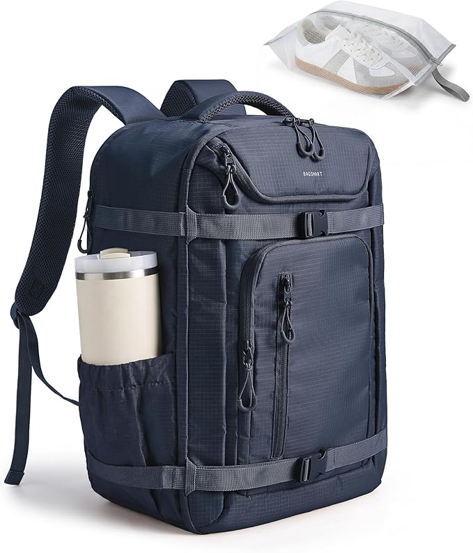 BAGSMART 40L Travel Backpack for Women & Men Fits 17-Inch Laptop, Airline Approved Carry On Backpack with Wet Pocket & Shoe Pouch, Water-Resistant Personal Item Travel Bag, Navy Blue