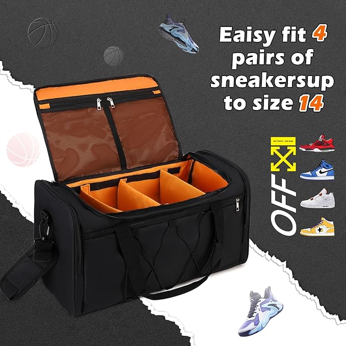 Scothen Sneaker Bag for Travel, Outdoor Sports Gym Bag Shoe Bags for 4 Pairs of Sneakers up to Size 14, Travel Duffel Bags with 3 Adjustable Dividers & Shoulder Strap, Sneakerhead Gift
