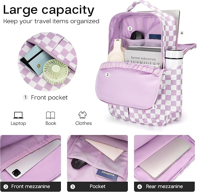 Checkered Backpack for Women Fashion Backpacks with Laptop and Multi Compartment for Travel and Work Light Purple Check