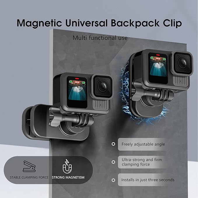 Backpack Strap Quick Clip Mount for DJI Osmo 360 Action 6 5 Nano for Insta360 Go Ultra X5 X4 for Gopro Hero 13 12 11 10 MAX 2, 360° Rotation Magnetic Clamp for AKASO EK7000/Brave Accessories