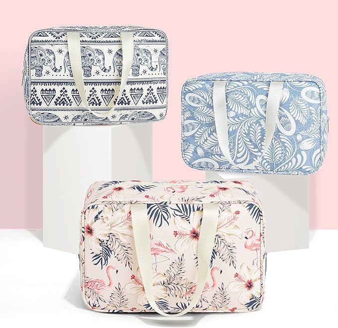 Full Size Toiletry Bag Women Large Cosmetic Bag Travel Makeup Bag Organizer Medicine Bag for Toiletries Essentials Accessories (Large, Blue Leaf)