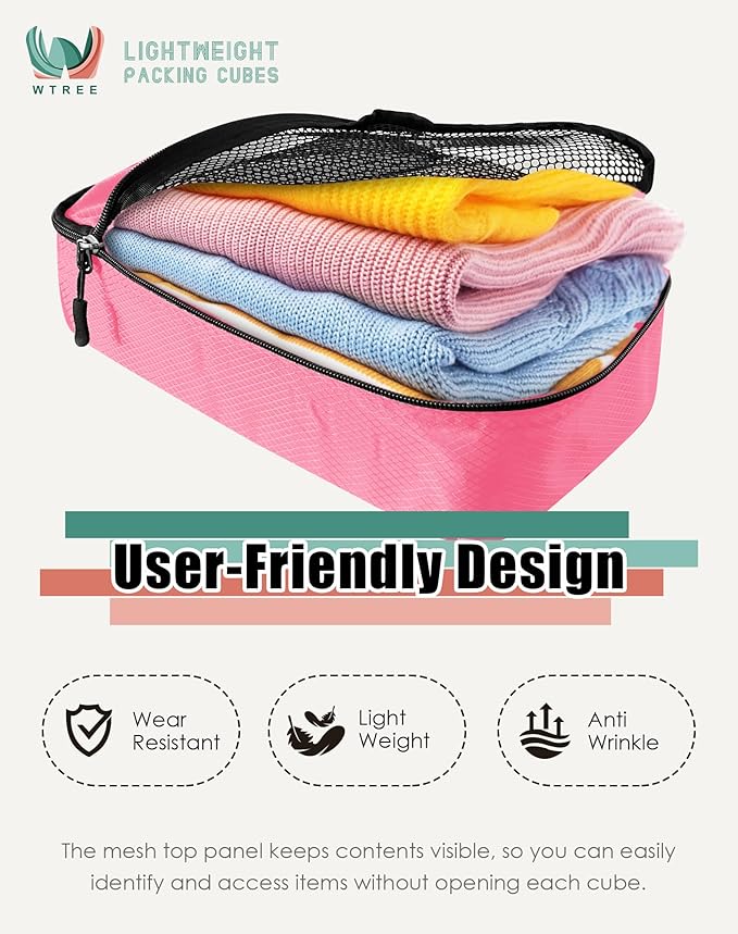 WTREE 4-Piece Packing Cubes Travel Accessories Set for Suitcases - Luggage Organizer Bags with Double Zipper - Mesh Top - Large - Pink