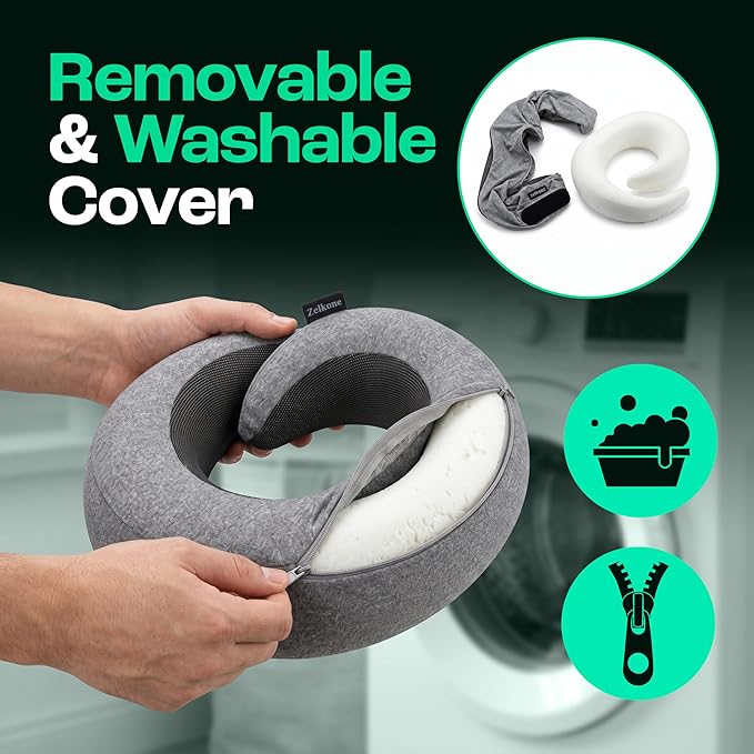 Travel Neck Pillow Memory Foam – Best Airplane Neck Pillow for Long Flights, Soft Ergonomic Neck Support, Compact Travel Pillow for Plane & Car, Airplane Travel Essentials