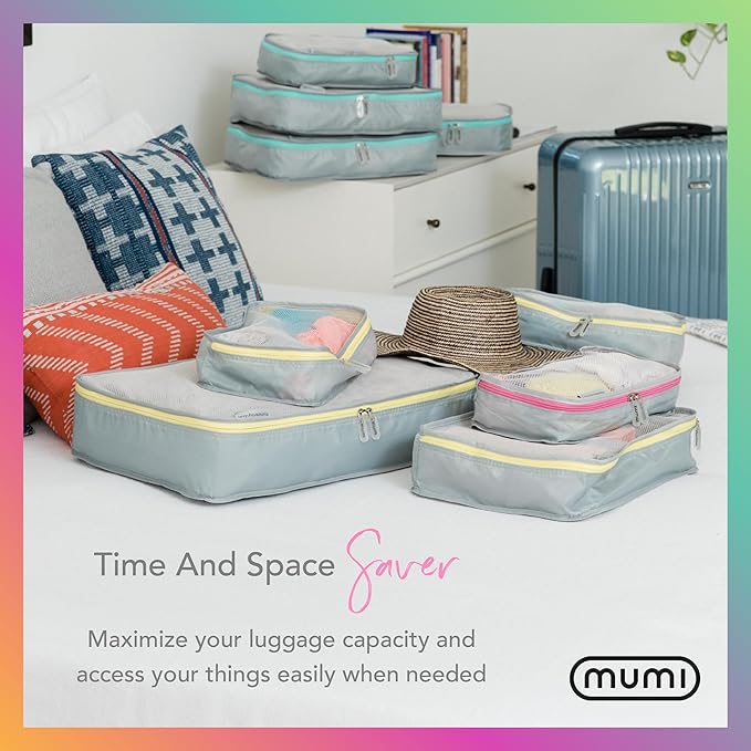 MUMI Packing Cubes - 5 Compression Packing Cubes for Travel, Luggage Organizer Bags for Suitcases, Carry-On, Duffle or Backpack – Mesh, Waterproof Bags for Clothes, Kids & Travel Accessories - Blue