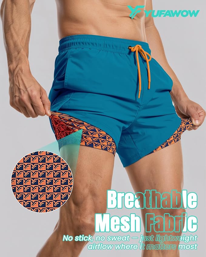 Men Swim Trunks with Compression Liner Quick Dry Breathable Multi Pockets for Summer Beach Cruise Water Park