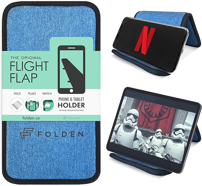 Flight Flap Airplane Phone Holder, Flexible Cell Phone Holder, Folding Cellphone Stand for Desk, Bed, Office, Treadmill - Airplane Gadgets for Long Travel Accessories - Plane Essentials (Blue Denim)
