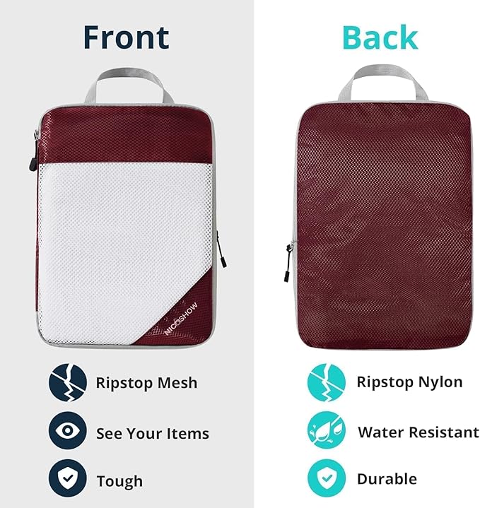 NICOSHOW 3 Set Compression Packing Cubes for Travel - Compressible, Lightweight, and Space-Saving Packing Cubes, Travel Essentials for Women, Wine