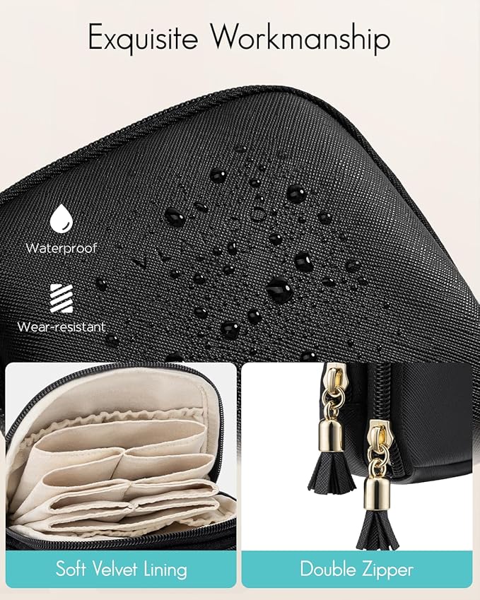 VLANDO Travel Jewelry Case,2-Layer Jewelry Organizer for Travel,Mothers Day Mom Gifts,Multi-Compartment Jewelry Storage for Rings Earrings Necklaces Bracelets-Black