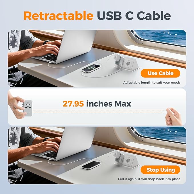TESSAN Universal Travel Adapter PD 35W GaN, International Power Adapter Built in 1 Retractable USB C Cable, 6 in 1 Travel Adaptor Worldwide with 4 USB Ports for US to Europe UK AUS (Type C G A I)