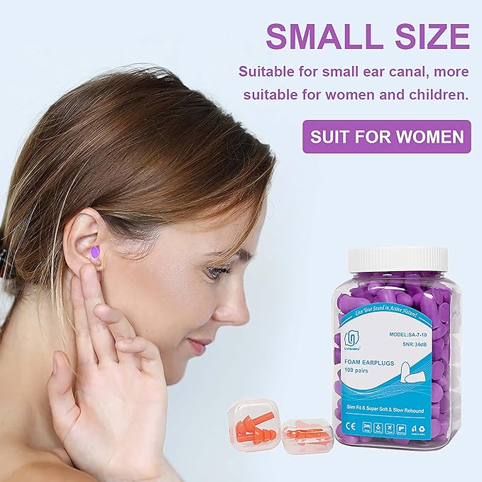 LYSIAN Small Foam Ear Plugs for Small Ear Canals, 100 Pairs Soft Noise Reducing Earplugs for Sleeping, Study, Work, Travel, Women Teens, Purple