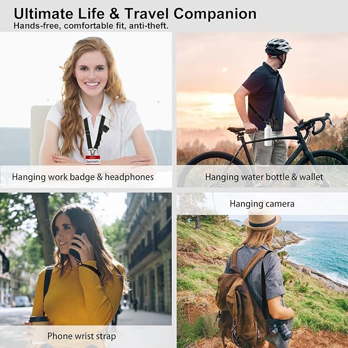 Cell Phone Lanyard Crossbody Anti-theft - 1 Adjustable Neck Strap with 3 Rings for Hanging Airpods/Wallet/Sunglasses, 1 Wrist Strap, 2 Metal Tether Tab, 3 Metal Carabiners, Airplane Travel Essentials