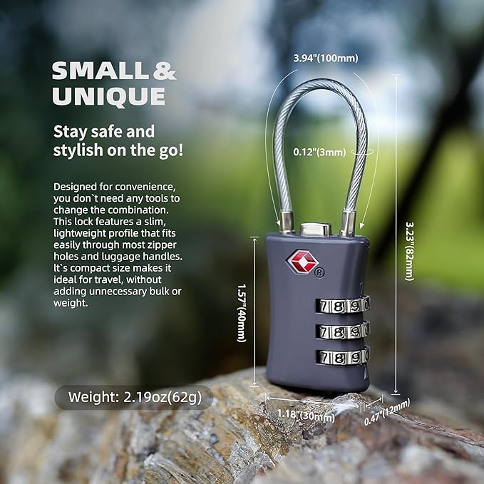 TSA Locks for Luggage, Small Combination Padlock with Cable, Luggage Locks TSA Approved for International Travel Essentials, Suitcase, Backpack Zipper, Locker, Flight Attendant Accessories