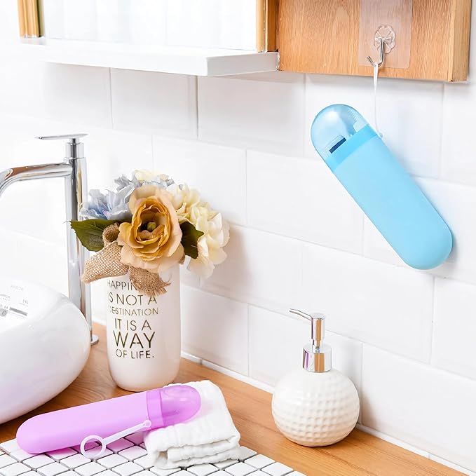 2 Packs Toothbrush Travel Case, Portable Toothbrush Case with Ventilation Hole for Travel, Plastic Toothbrush Holder Travel Size for Business Trip, School, Camping, Home - Purple+Blue