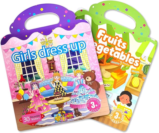 2 Sets Reusable Sticker Book for Kids, Puffy Jelly Stickers for Toddlers, Travel Essentials Craft Activities Toys for Girls Birthday Gifts - Princess, Fruits & Vegetables