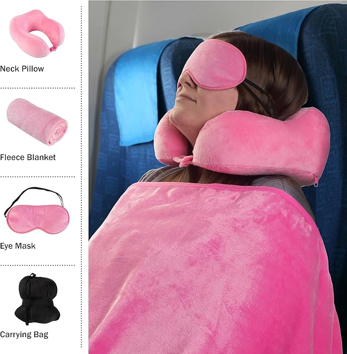 Home-Complete Travel Pillow Set - Memory Foam Pillow, Fleece Blanket, and Eye Mask - Travel Essentials for Airplanes, Trains, Cars, Buses (Pink)