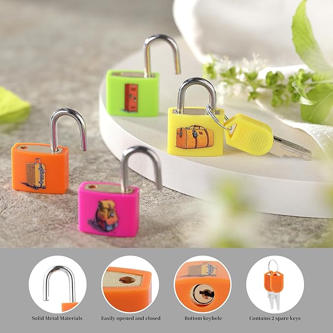 4PCS Luggage Locks, Kaloo Small Mini Suitcase Padlock Locks with Keys, Strong Copper Lock Core with Plastic Shell (Unique Icon Patterns for Effortless Lock Matching)