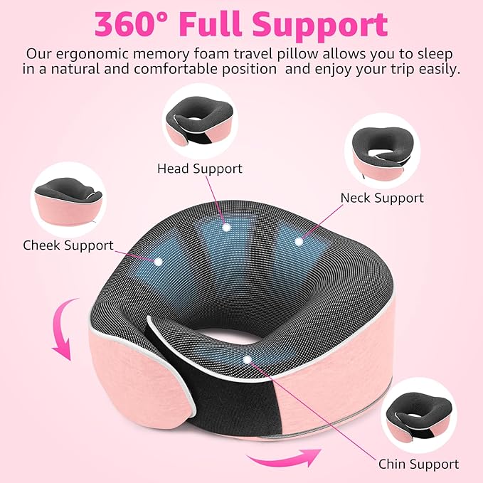 Travel Pillows for Airplanes Ergonomic Memory Foam Neck Pillow for Travel - 360° Head & Neck Support for Sleeping on Flights, Cars, Trains & Office (Pink-2)